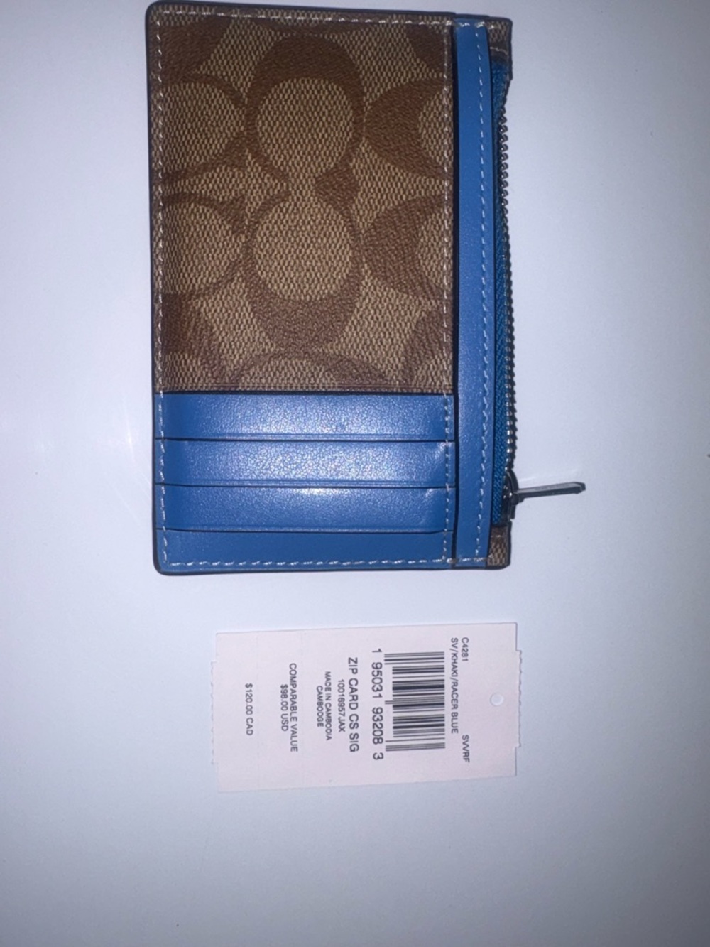 NEW!! Coach Brown Signature Canvas Card Case with Blue Trim